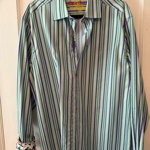 Robert Graham Green & Purple Vertical Stripe Button-Down Shirt